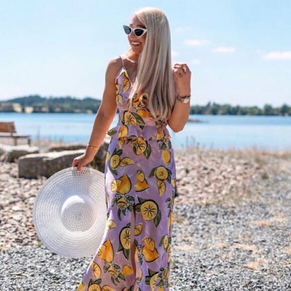 Zara Cropped Wrap Top S Lemon Print Ruffle Summer Blogger Fav Travel Vacation - Picture 12 of 15